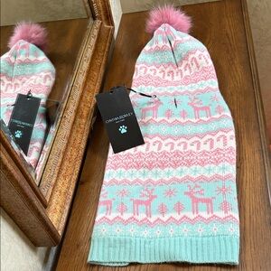 Cynthia Rowley aqua green and pink hooded Dog sweater with Pom Pom. Size M.